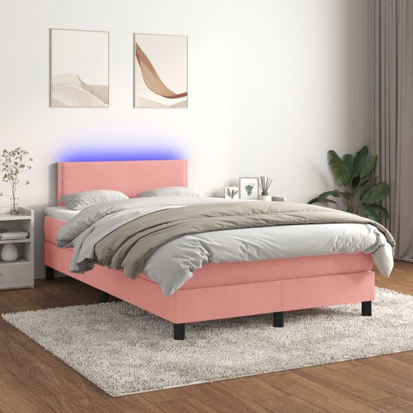 vidaXL Cama box spring colch&oacute;n y LED terciopelo rosa 120x200 cm