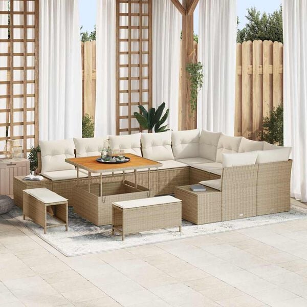 vidaXL Conjunto de sof&aacute;s de jard&iacute;n con coj&iacute;n 12 pcs Beige Polirat&aacute;n