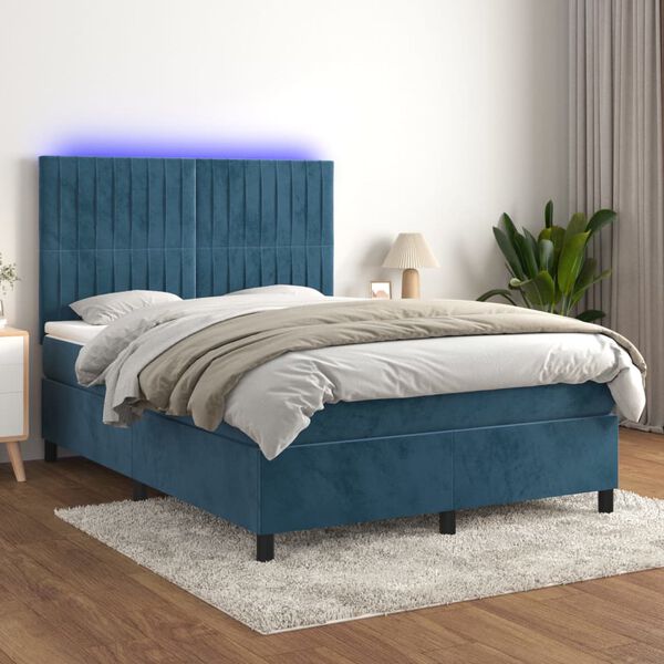 vidaXL Cama box spring colch&oacute;n y LED terciopelo azul oscuro 140x200 cm