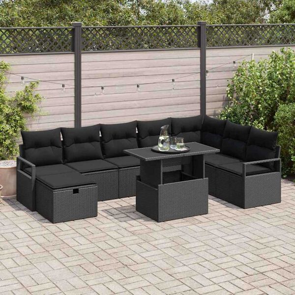 vidaXL Conjunto de sof&aacute; de jard&iacute;n con coj&iacute;n 9 pcs Negro Polirat&aacute;n