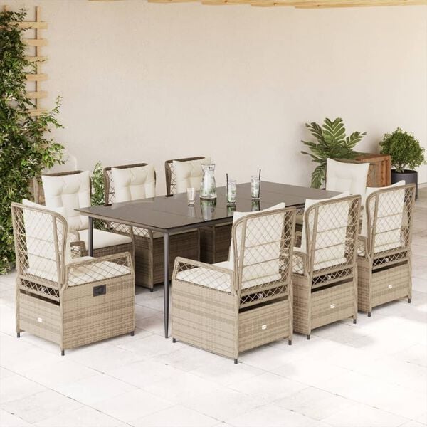 vidaXL Set comedor de jard&iacute;n 9 pzas con cojines rat&aacute;n sint&eacute;tico beige