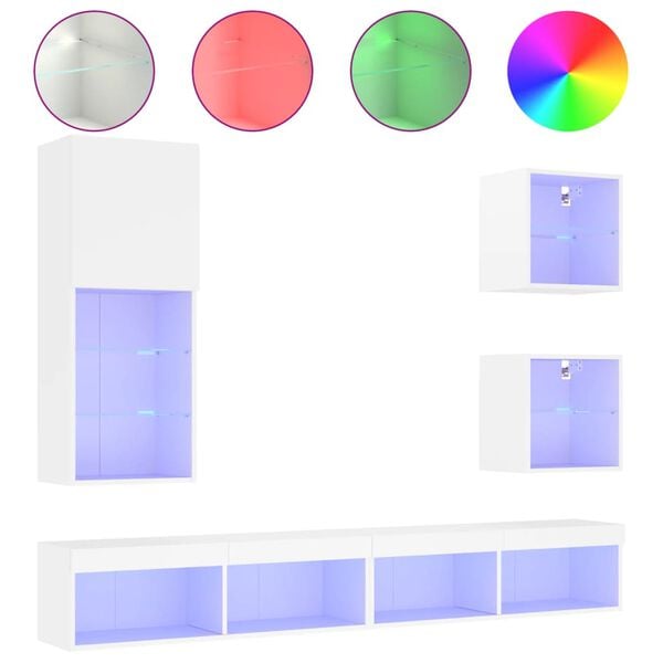 vidaXL Muebles de TV de pared con LED 5 pzas madera ingeniería blanco