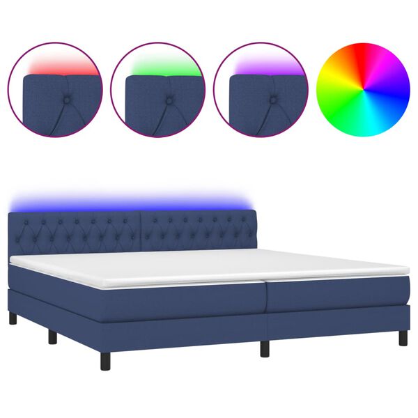 vidaXL Cama box spring colch&oacute;n y luces LED tela azul 200x200 cm