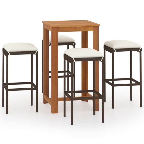 vidaXL Set de bar para jard&iacute;n 5 piezas y cojines rat&aacute;n sint&eacute;tico marr&oacute;n