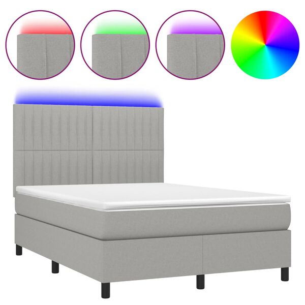 vidaXL Cama box spring colch&oacute;n y luces LED tela gris claro 140x200 cm