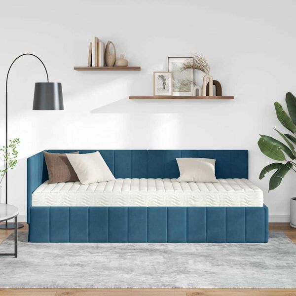 vidaXL Estructura de Cama Esquina con Colch&oacute;n 2 pcs Azul Terciopelo