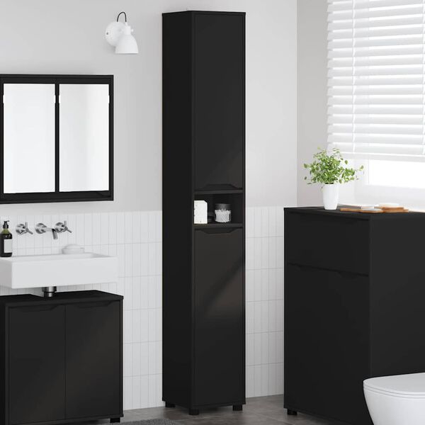vidaXL Gabinete de Ba&ntilde;o Negro 30,5 x 30 x 195 cm Madera contrachapada