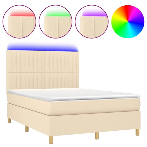 vidaXL Cama box spring colch&oacute;n y luces LED tela crema 140x200 cm