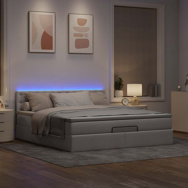 vidaXL Cama otomana con colch&oacute;n y luces LED tela gris taupe 180x200cm
