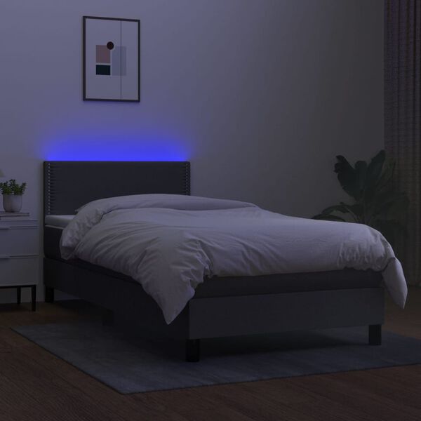 vidaXL Cama box spring colch&oacute;n y luces LED tela gris oscuro 90x190 cm