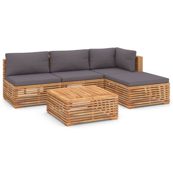 vidaXL Muebles de jard&iacute;n 5 pzas cojines gris oscuro madera maciza teca
