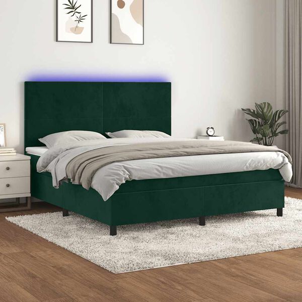 vidaXL Cama box spring colch&oacute;n y LED terciopelo verde oscuro 180x200cm
