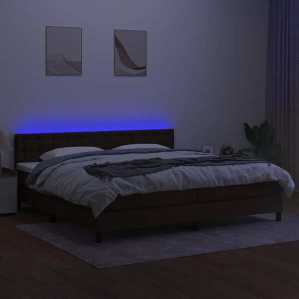 vidaXL Cama box spring colch&oacute;n luces LED tela marr&oacute;n oscuro 200x200 cm