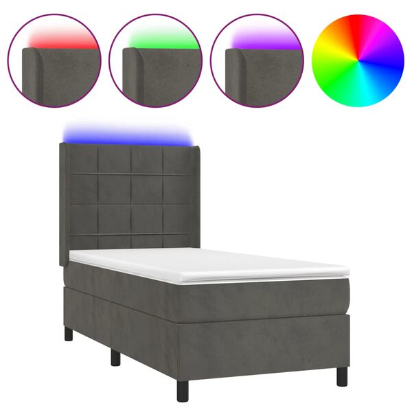 vidaXL Cama box spring colch&oacute;n y LED terciopelo gris oscuro 90x200 cm