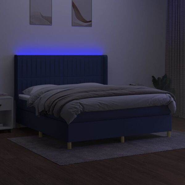 vidaXL Cama box spring colch&oacute;n y luces LED tela azul 180x200 cm
