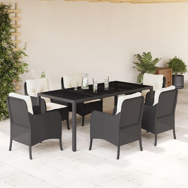 vidaXL Set de comedor de jard&iacute;n 7 pzas y cojines rat&aacute;n sint&eacute;tico negro