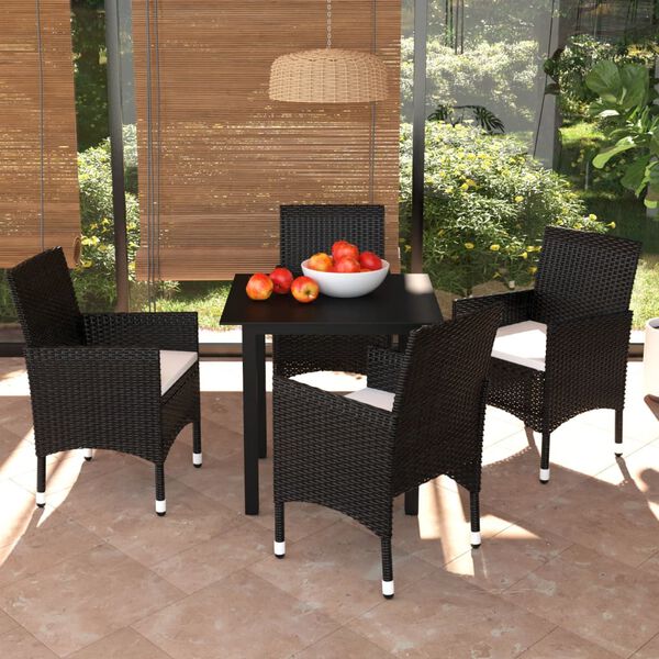 vidaXL Set comedor de jard&iacute;n 5 pzas con cojines rat&aacute;n sint&eacute;tico negro