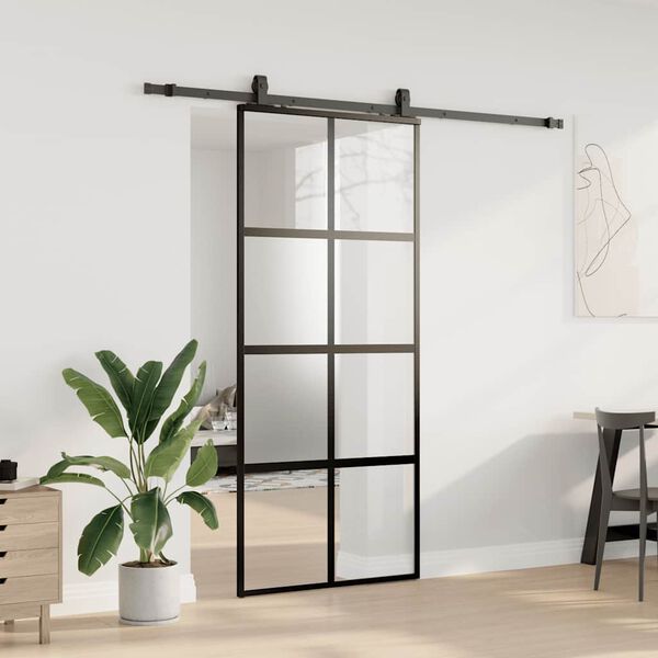 vidaXL Puerta corredera con herrajes negro 90x205 cm vidrio templado