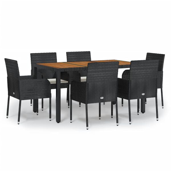 vidaXL Set de comedor de jard&iacute;n 7 pzas y cojines rat&aacute;n sint&eacute;tico negro