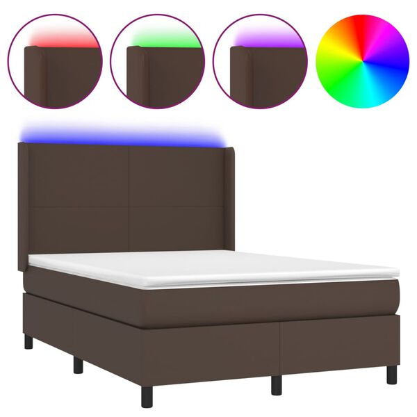 vidaXL Cama box spring colch&oacute;n y LED cuero sint&eacute;tico marr&oacute;n 140x200 cm