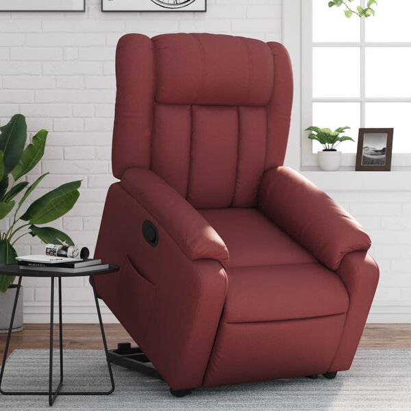 vidaXL Sill&oacute;n reclinable elevable cuero artificial rojo tinto