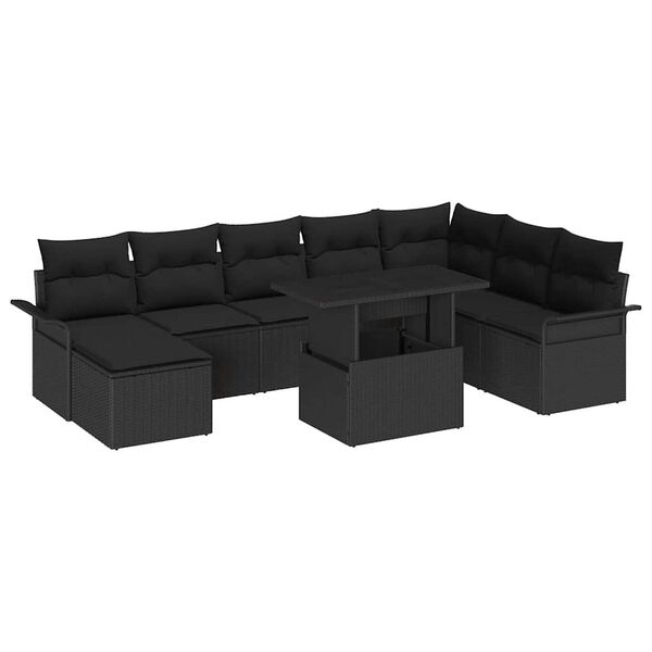 vidaXL Conjunto de sof&aacute; de jard&iacute;n 9 pcs Negro rat&aacute;n sint&eacute;tico