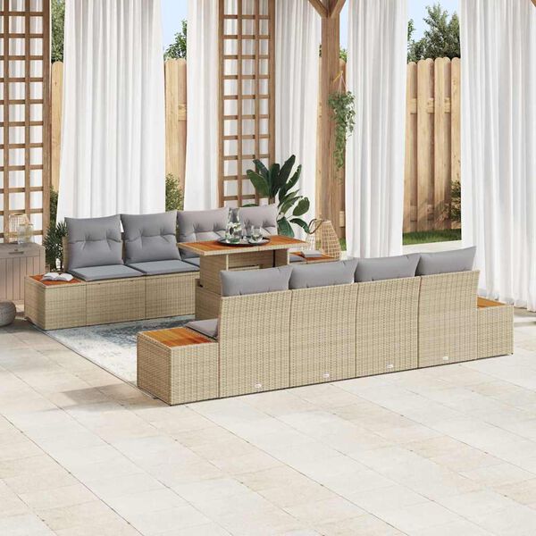 vidaXL Conjunto de sof&aacute; de jard&iacute;n con coj&iacute;n 9 pcs Beige Polirat&aacute;n