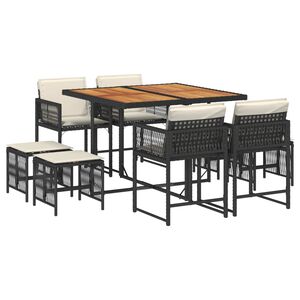 vidaXL Set de comedor de jard&iacute;n 9 pzas y cojines rat&aacute;n sint&eacute;tico negro