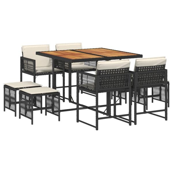 vidaXL Set de comedor de jard&iacute;n 9 pzas y cojines rat&aacute;n sint&eacute;tico negro