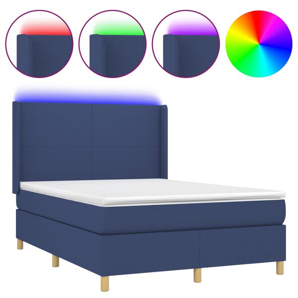 vidaXL Cama box spring colch&oacute;n y luces LED tela azul 140x190 cm