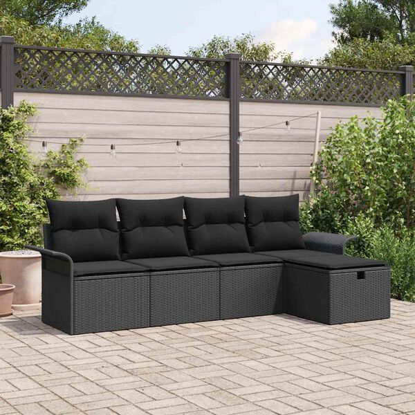 vidaXL Conjunto de sof&aacute; de jard&iacute;n con coj&iacute;n 5 pcs Negro Polirat&aacute;n