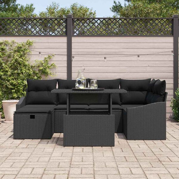 vidaXL Conjunto de sofá de jardín con cojín 7 pcs Negro Poliratán