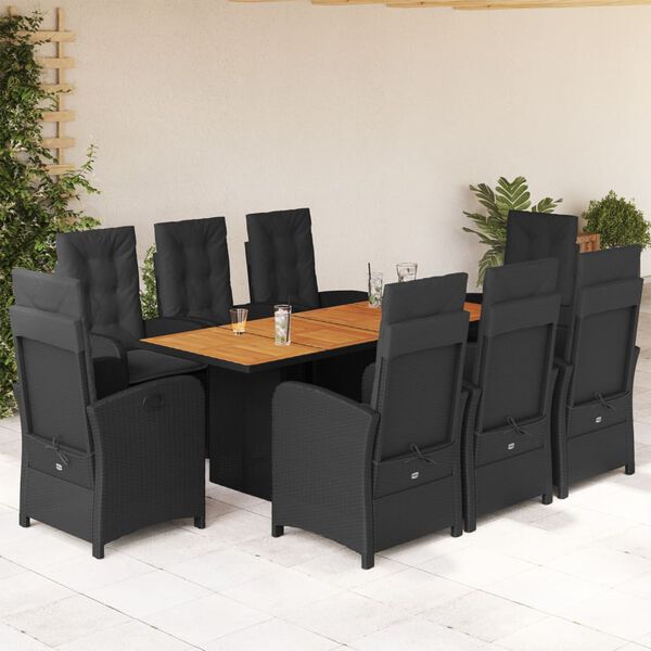 vidaXL Set de comedor de jard&iacute;n 9 pzas y cojines rat&aacute;n sint&eacute;tico negro