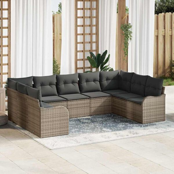 vidaXL Conjunto de sof&aacute; de jard&iacute;n 9 pcs Gris rat&aacute;n sint&eacute;tico