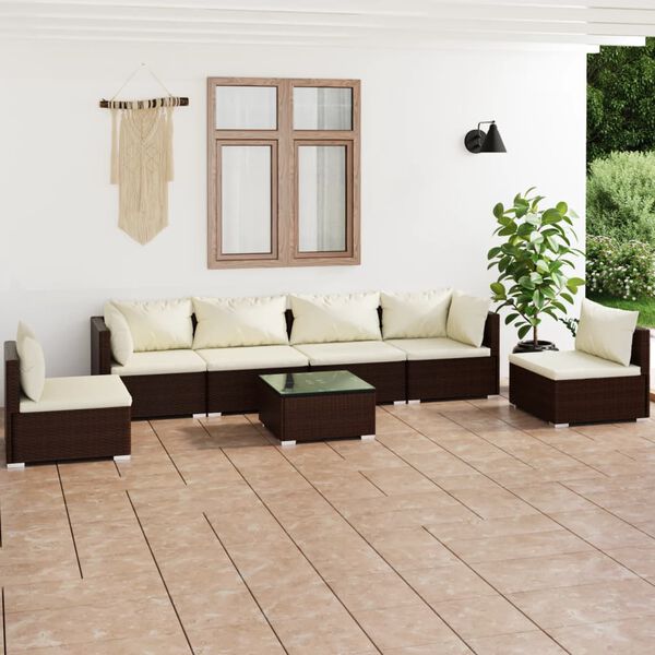 vidaXL Set muebles de jard&iacute;n 7 piezas y cojines rat&aacute;n sint&eacute;tico marr&oacute;n