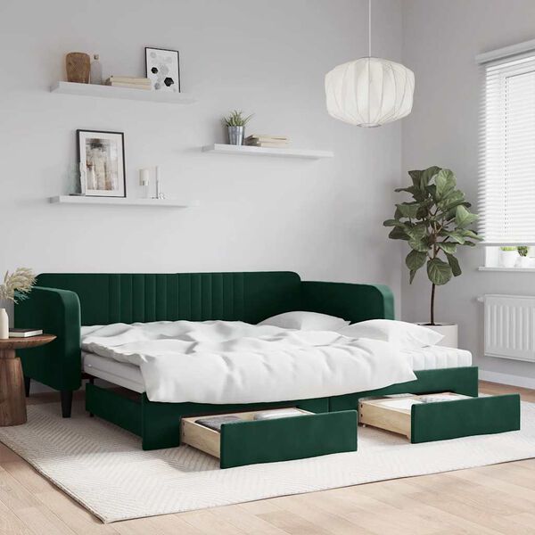vidaXL Sof&aacute; cama nido con cajones terciopelo verde oscuro 100x200 cm
