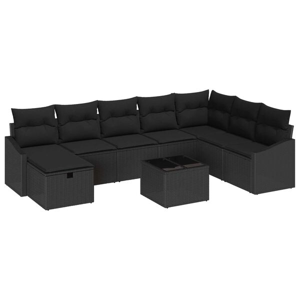 vidaXL Conjunto de sof&aacute; de jard&iacute;n con coj&iacute;n 9 pcs Negro Polirat&aacute;n