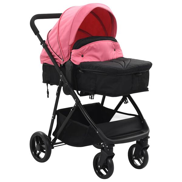 vidaXL Cochecito/Silla de beb&eacute; 2 en 1 acero rosa y negro