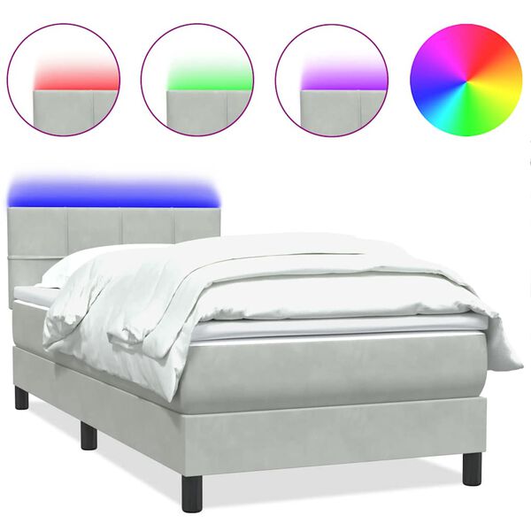 vidaXL Cama box spring con colch&oacute;n y LED terciopelo gris claro 80x220 cm