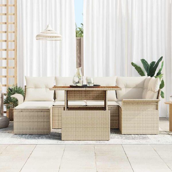 vidaXL Conjunto de sof&aacute; de jard&iacute;n 7 pcs Beige Polirat&aacute;n