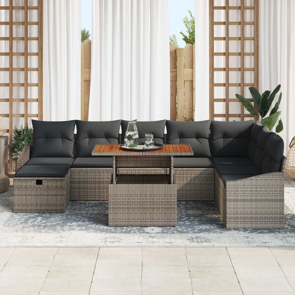 vidaXL Conjunto de sof&aacute;s de jard&iacute;n 9 pcs Gris rat&aacute;n sint&eacute;tico