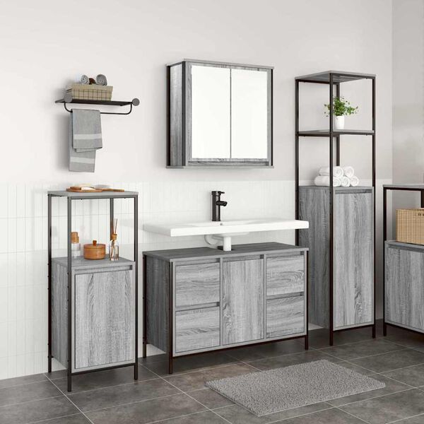 vidaXL Juego de muebles de ba&ntilde;o con caj&oacute;n 3 pcs Gris sonoma y Negro