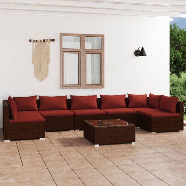 vidaXL Set muebles de jard&iacute;n 8 piezas y cojines rat&aacute;n sint&eacute;tico marr&oacute;n