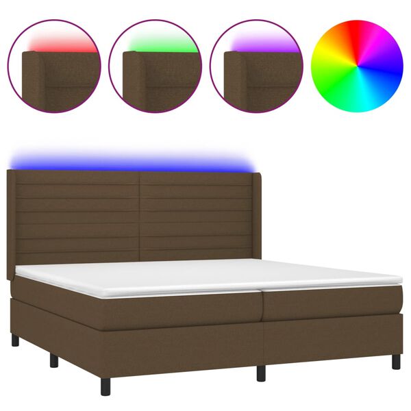 vidaXL Cama box spring colch&oacute;n luces LED tela marr&oacute;n oscuro 200x200 cm