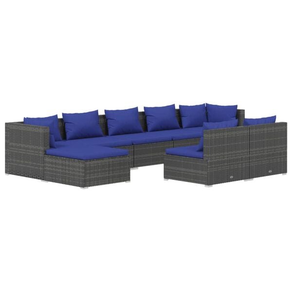 vidaXL Set de muebles de jard&iacute;n 9 pzas y cojines rat&aacute;n sint&eacute;tico gris