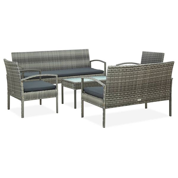 vidaXL Set de muebles de jard&iacute;n 5 pzas y cojines rat&aacute;n sint&eacute;tico gris