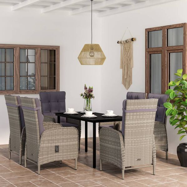 vidaXL Juego de comedor de jard&iacute;n 7 piezas con cojines gris y negro