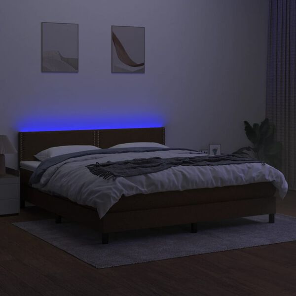 vidaXL Cama box spring colch&oacute;n luces LED tela marr&oacute;n oscuro 180x200cm