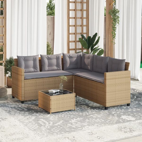 vidaXL Sofá de jardín en forma de L con mesa y cojines ratán PE beige