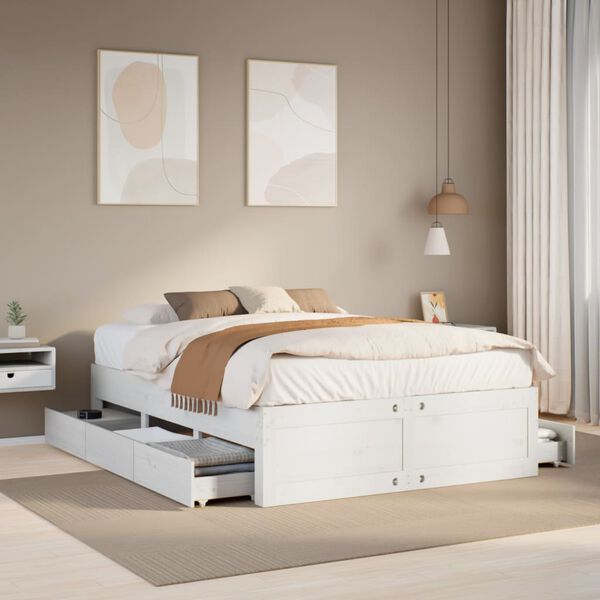 vidaXL Cama con cajones sin colch&oacute;n madera maciza blanca 150x200 cm